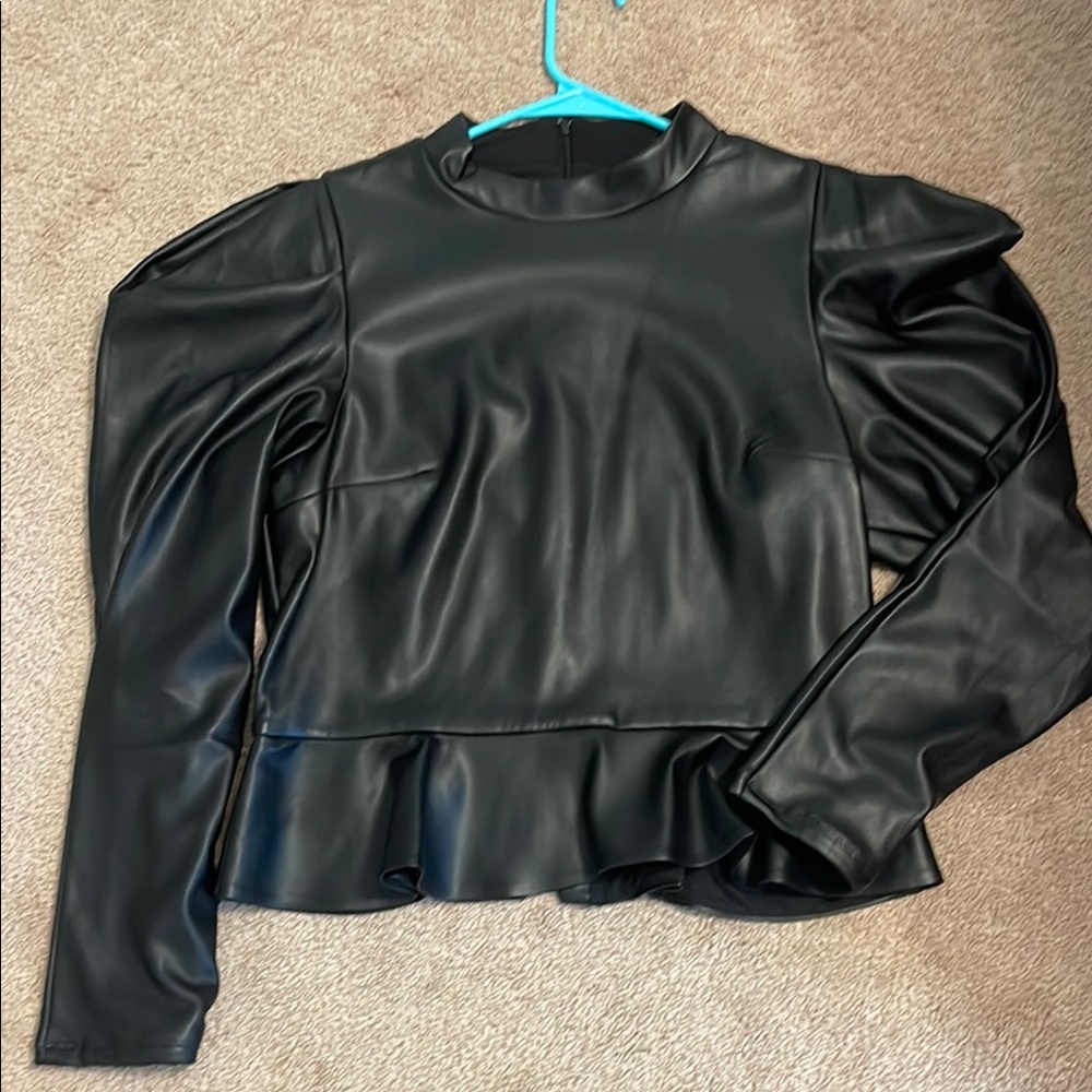 Black Faux Leather Peplum Top
